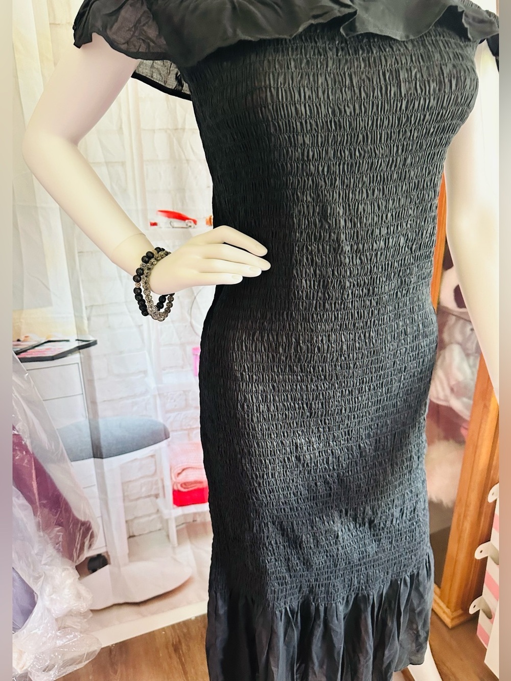 Anthropologie Black Smocked Ruffle Off-Shoulder Dress - Picture 8 of 15